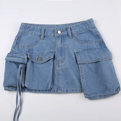 Washed Denim Cargo Skirt