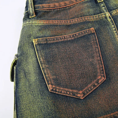 Washed Denim Cargo Pants Big Multi-pockets Straight Jeans