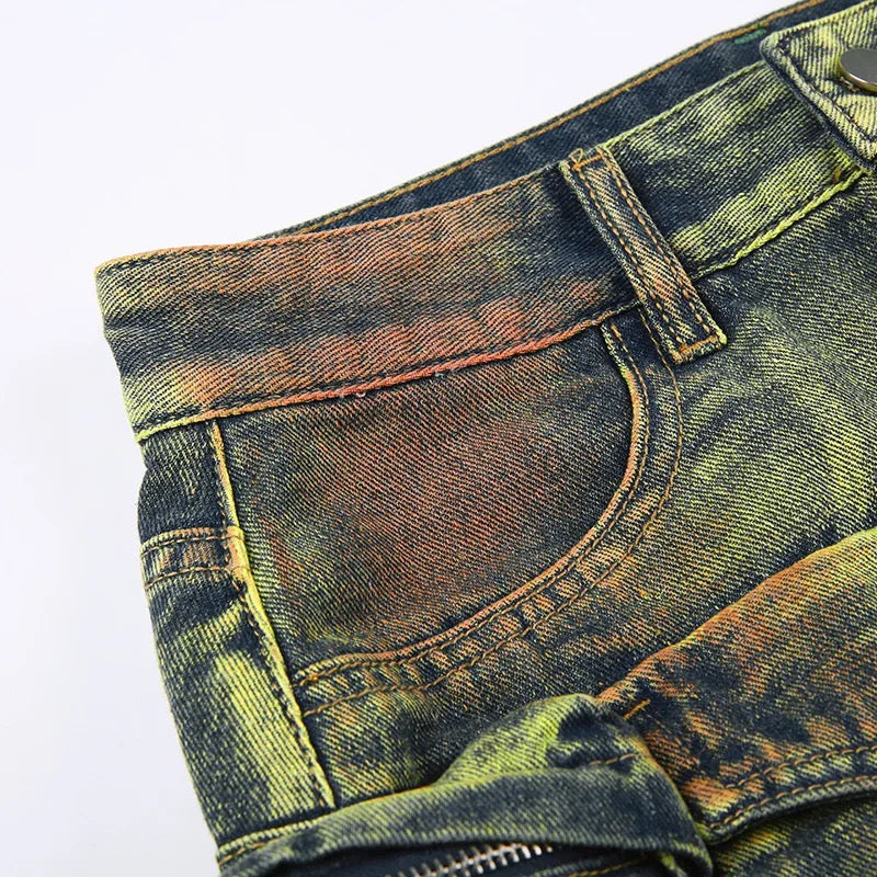 Washed Denim Cargo Pants Big Multi-pockets Straight Jeans