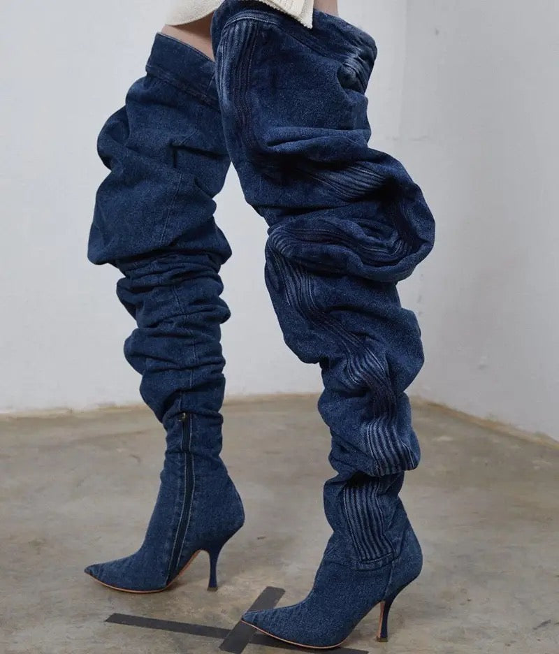 Blue Denim Slouch Jeans Over The Knee Poined Toe Side Zipper Pleated Thigh High Boots