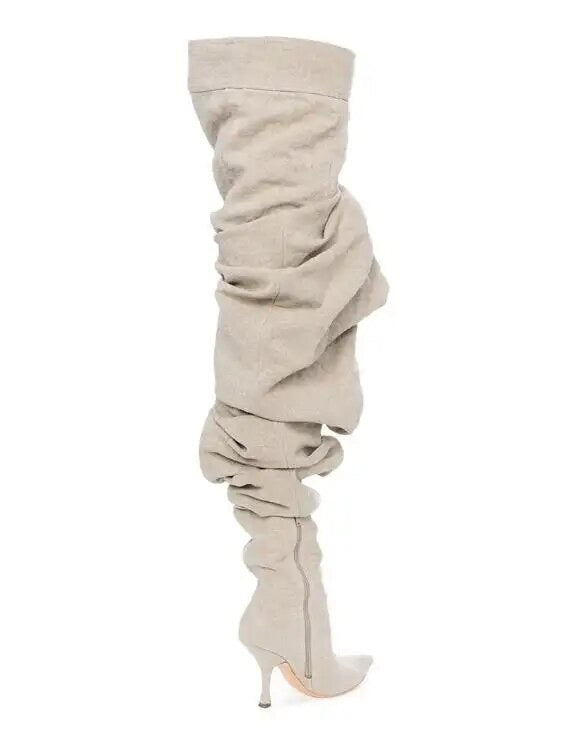 Slouch Over The Knee Poined Toe Side Zipper Pleated Thigh High Boots
