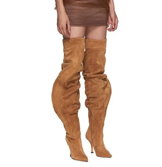Slouch Over The Knee Poined Toe Side Zipper Pleated Thigh High Boots