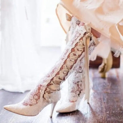 White Lace Ribbon Lace-up Pointed Toe Knee Stretch Flower Lace Wedding Party High Heels Dress Shoes