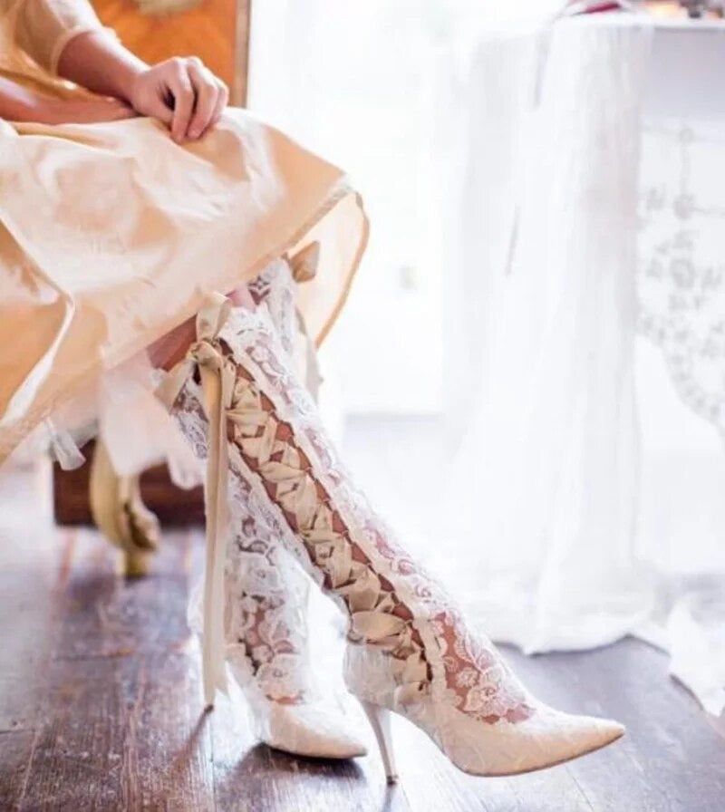 White Lace Ribbon Lace-up Pointed Toe Knee Stretch Flower Lace Wedding Party High Heels Dress Shoes