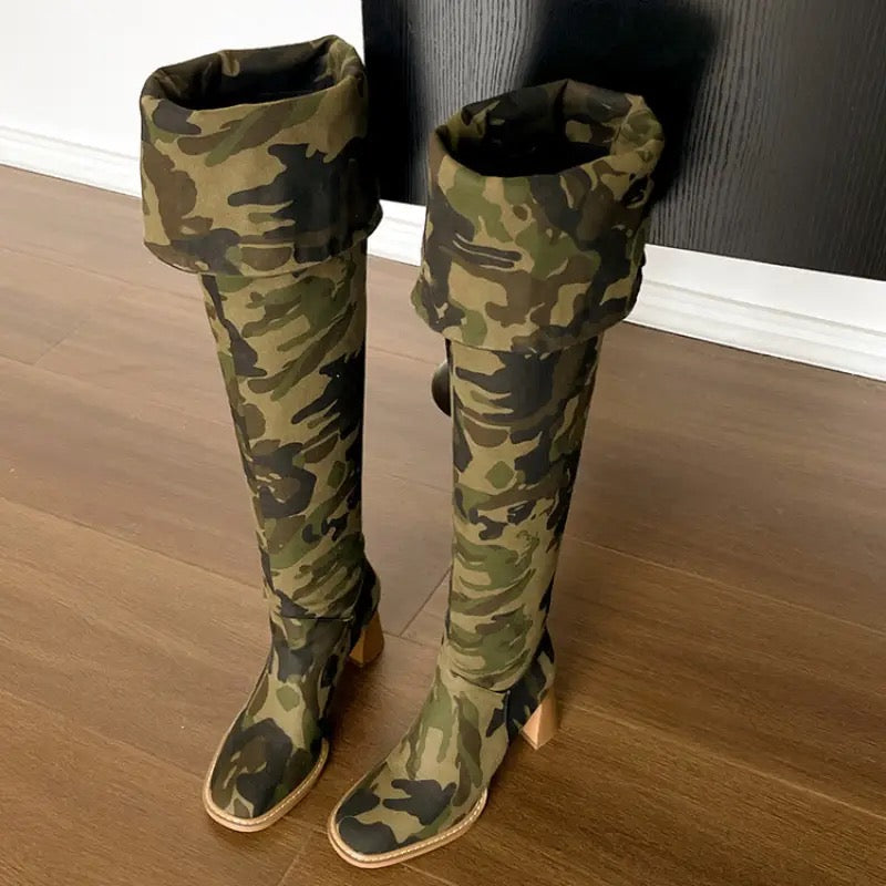 Camouflage Denim Super Long Thick Heel Folding Over-the-Knee Knee-High Boots