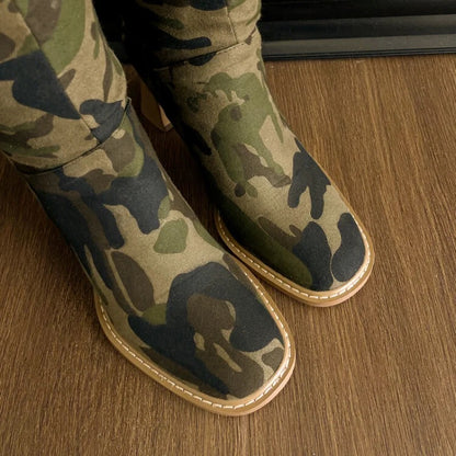 Camouflage Denim Super Long Thick Heel Folding Over-the-Knee Knee-High Boots