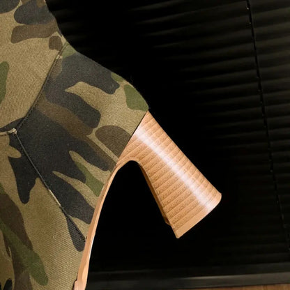 Camouflage Denim Super Long Thick Heel Folding Over-the-Knee Knee-High Boots