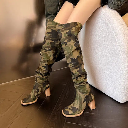 Camouflage Denim Super Long Thick Heel Folding Over-the-Knee Knee-High Boots