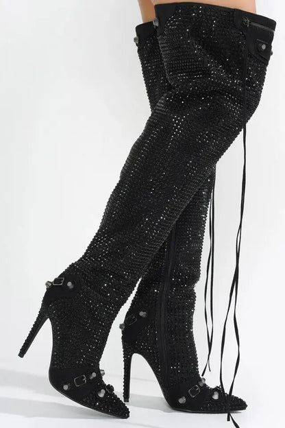 Slim Tassel Over TheKnee Boots Sexy Black Crystal Pointed Toe Stilettos Heels Metal Rivet Zip Long Boots