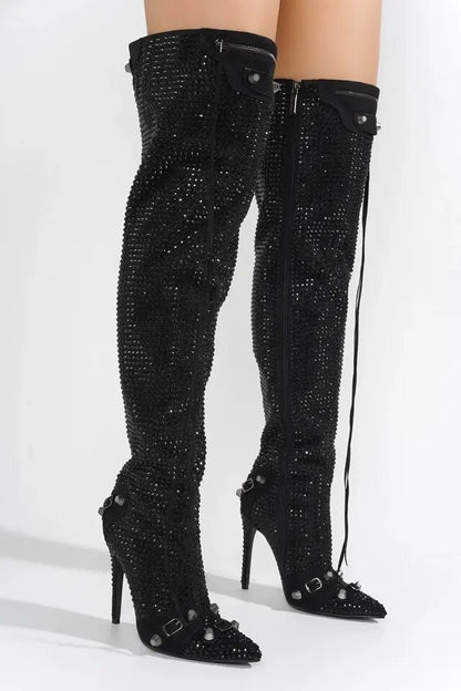 Slim Tassel Over TheKnee Boots Sexy Black Crystal Pointed Toe Stilettos Heels Metal Rivet Zip Long Boots