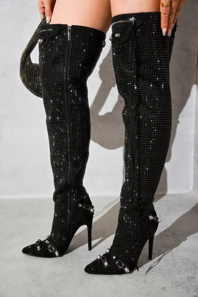 Slim Tassel Over TheKnee Boots Sexy Black Crystal Pointed Toe Stilettos Heels Metal Rivet Zip Long Boots