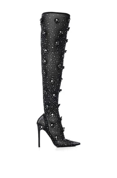 Thigh High Crystal Stretch Fabric Sock High Heels Over Knee High Boots