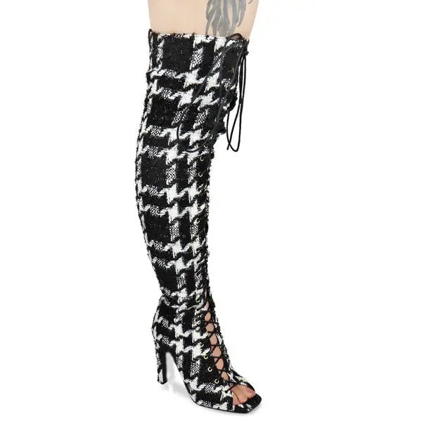 Cross Tied Grid Stiletto Peep Toe Over The Knee Black/white Long Boots