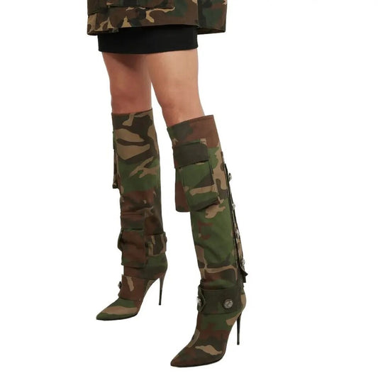 Camouflage Bag Knee Length Canvas Stiletto High Heel Buckle  Pointed Toe Boots