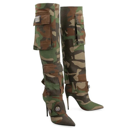 Camouflage Bag Knee Length Canvas Stiletto High Heel Buckle  Pointed Toe Boots