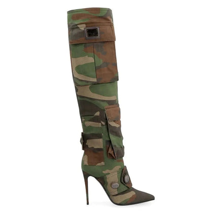 Camouflage Bag Knee Length Canvas Stiletto High Heel Buckle  Pointed Toe Boots