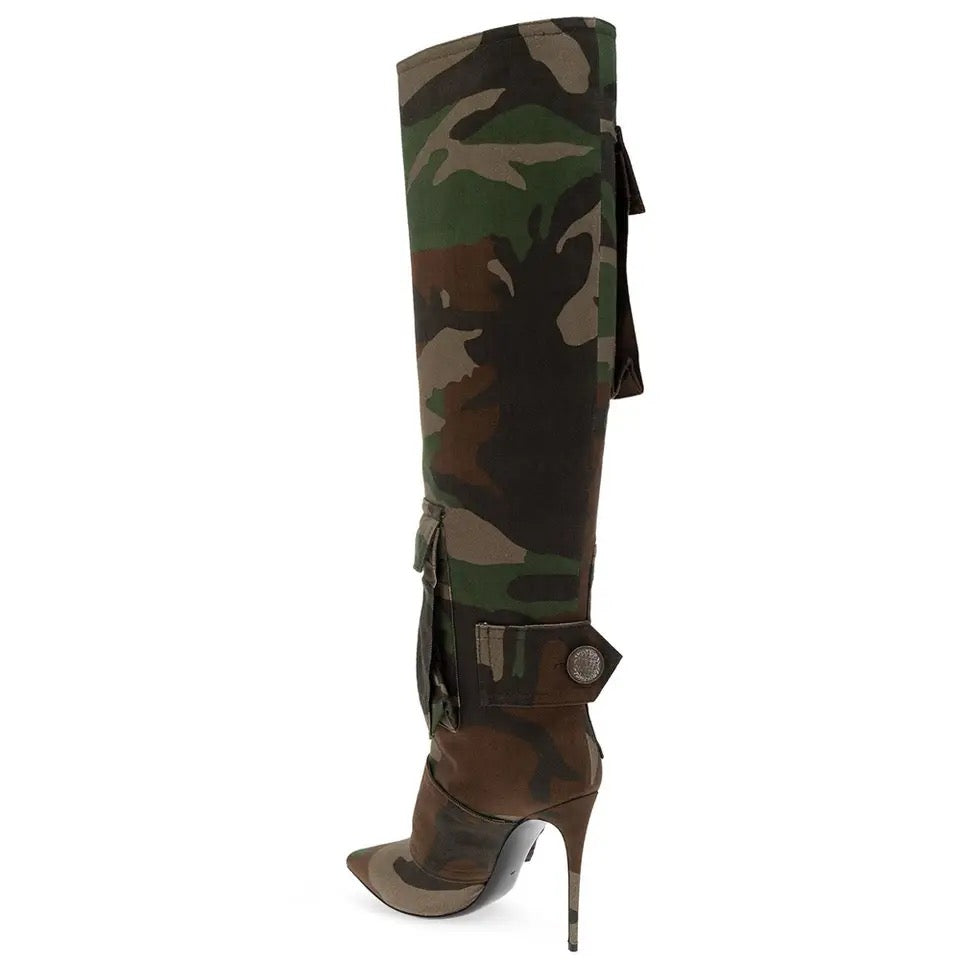 Camouflage Bag Knee Length Canvas Stiletto High Heel Buckle  Pointed Toe Boots