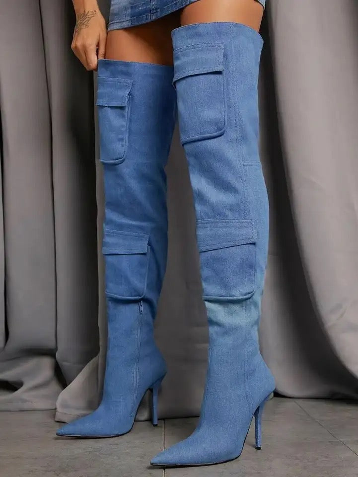 Pointed toe stiletto denim over-the-knee with pockets and side zippers all-match boots