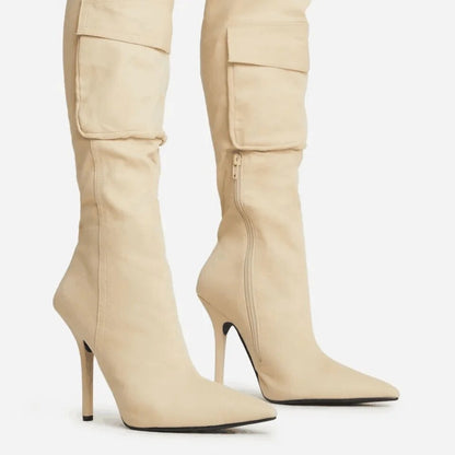 Pointed toe stiletto denim over-the-knee with pockets and side zippers all-match boots