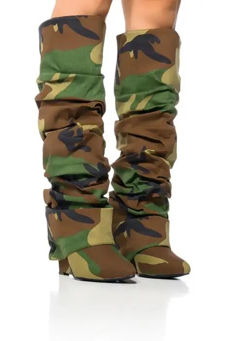 Camouflage Army Green Color Knee High Boots Women Patchwork Stiletto Pleated Wedge Heels
