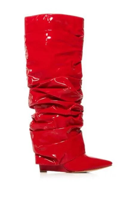 Knee High Boots Women Patchwork Stiletto Pleated Wedge Heels