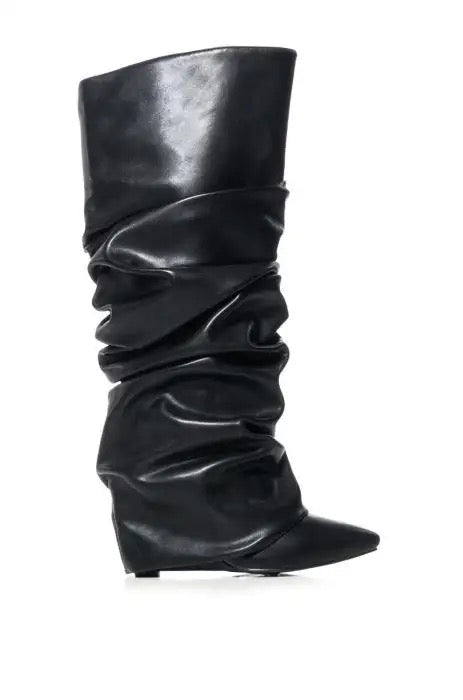 Knee High Boots Women Patchwork Stiletto Pleated Wedge Heels