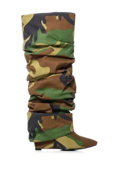 Camouflage Army Green Color Knee High Boots Women Patchwork Stiletto Pleated Wedge Heels