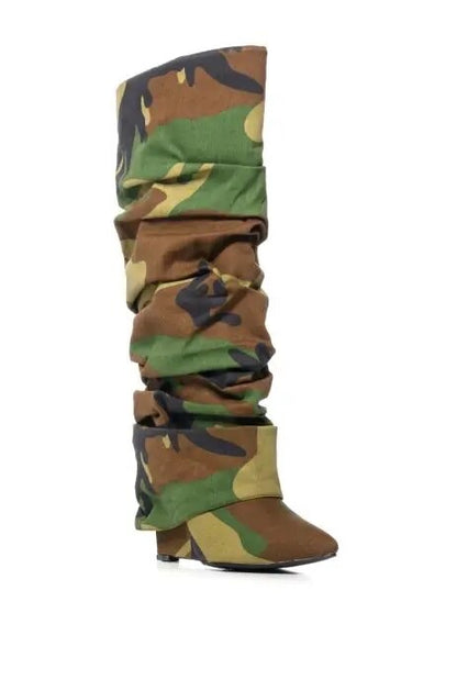 Camouflage Army Green Color Knee High Boots Women Patchwork Stiletto Pleated Wedge Heels