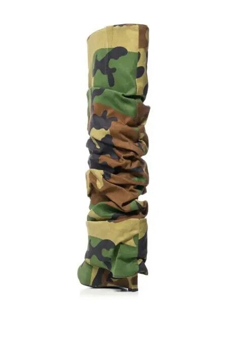 Camouflage Army Green Color Knee High Boots Women Patchwork Stiletto Pleated Wedge Heels
