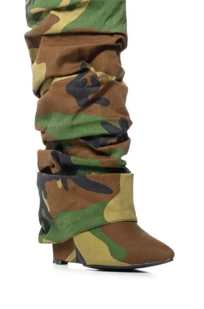 Camouflage Army Green Color Knee High Boots Women Patchwork Stiletto Pleated Wedge Heels