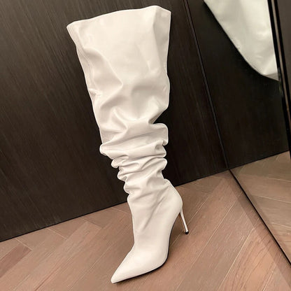 Over-the-knee Pointed Toe White Thin High Heels Shiny Pleated Boots