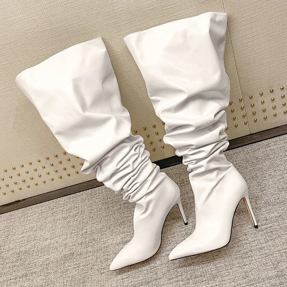 Over-the-knee Pointed Toe White Thin High Heels Shiny Pleated Boots