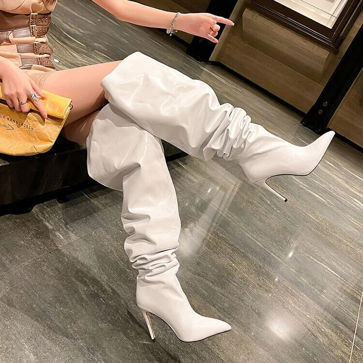 Over-the-knee Pointed Toe White Thin High Heels Shiny Pleated Boots