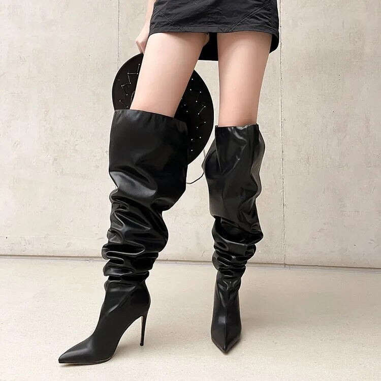 Over-the-knee Pointed Toe Black Thin High Heels Shiny Pleated Boots