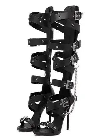 Black Metal Buckle Straps Knee High Sandals Stiletto High Heels Metal Chains Cut Out Long Boots