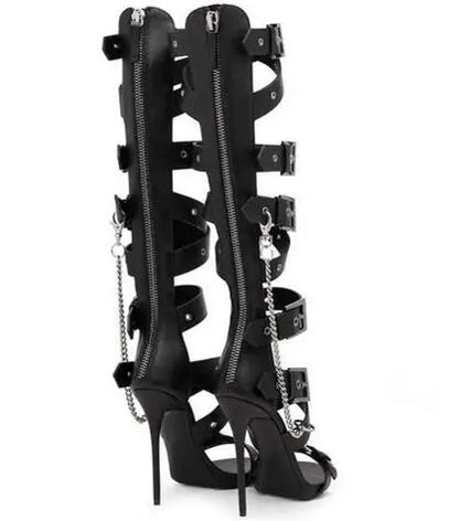 Black Metal Buckle Straps Knee High Sandals Stiletto High Heels Metal Chains Cut Out Long Boots