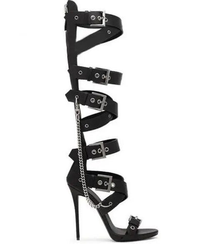 Black Metal Buckle Straps Knee High Sandals Stiletto High Heels Metal Chains Cut Out Long Boots