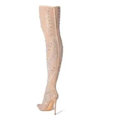 Nude Mesh Bling Crystal Rhinestone Pointed Toe Thin High Heel Slim Over The Knee Thigh Long Socks Boots