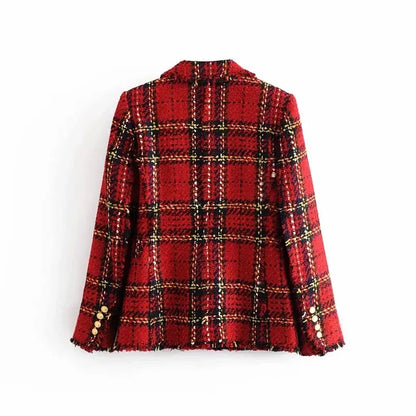 Red Plaid Blazer Tweed Slim Blazer Tassel Top Set Suit Jacket