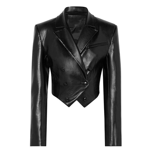 black double breasted faux leather soft glossy shiny Punk Rock Cropped Jacket