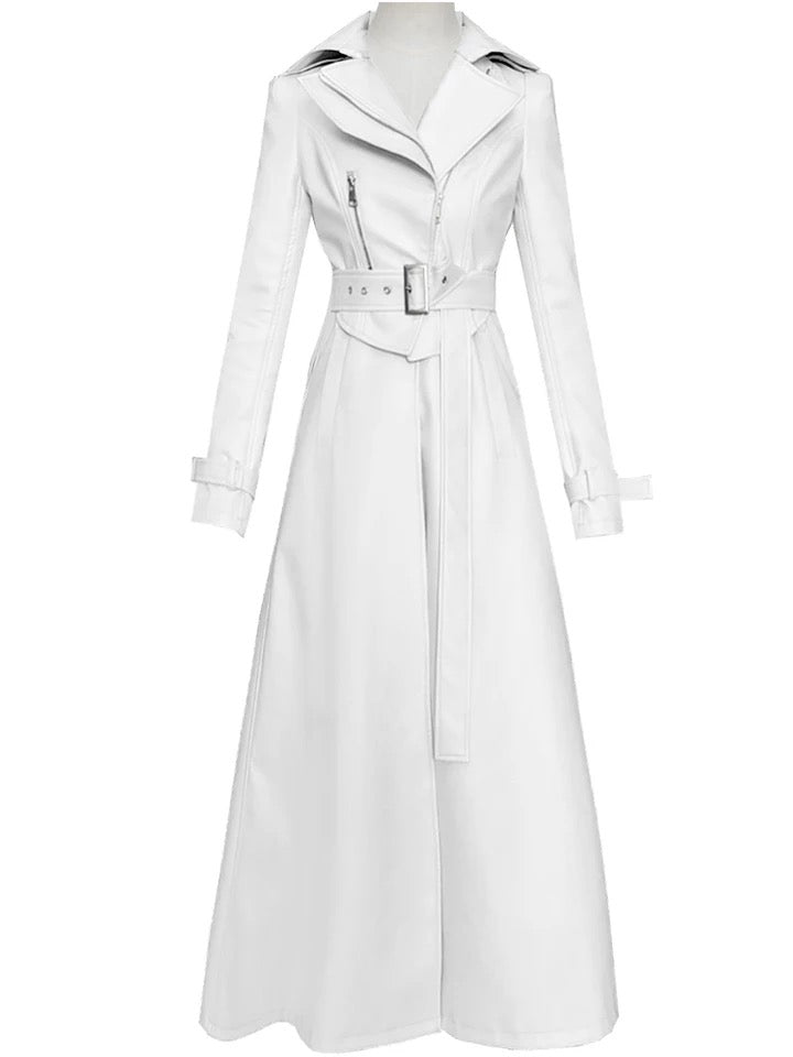 White Long Faux Leather Trench  Long Sleeve Coats