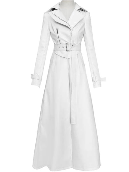 White Long Faux Leather Trench  Long Sleeve Coats