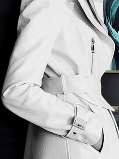 White Long Faux Leather Trench  Long Sleeve Coats