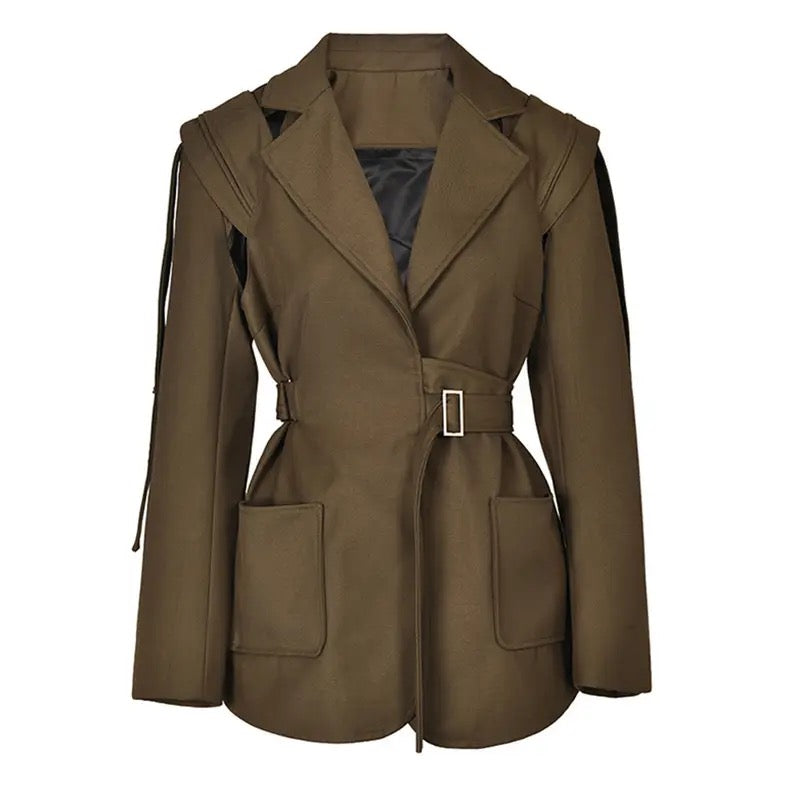 Brown Pocket Belted Lapel Long Sleeve Loose Fit Blazer Jacket