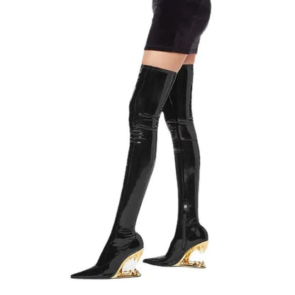 Pointed Tiger Teeth Heel Knee Elastic Boots