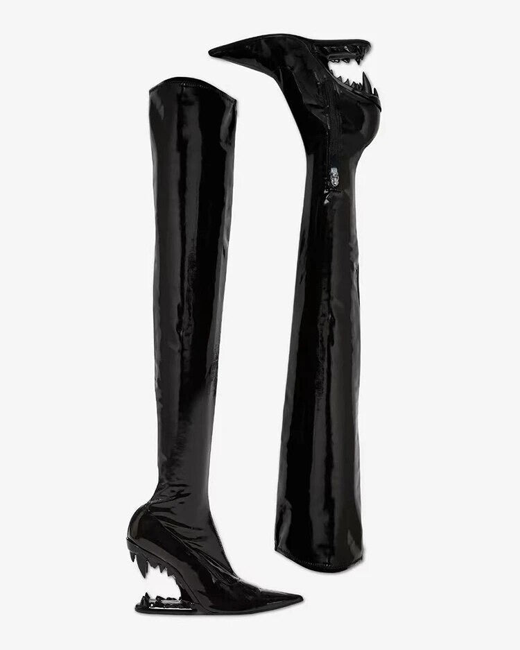 Pointed Tiger Teeth Heel Knee Elastic Boots