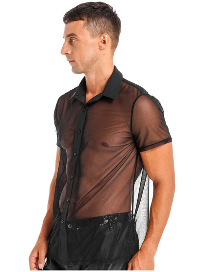 See Through Mesh Short Sleeve Turn-Down Collar Button Sheer Shirt