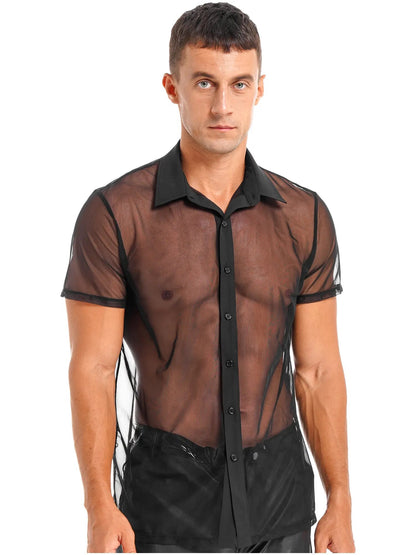 See Through Mesh Short Sleeve Turn-Down Collar Button Sheer Shirt