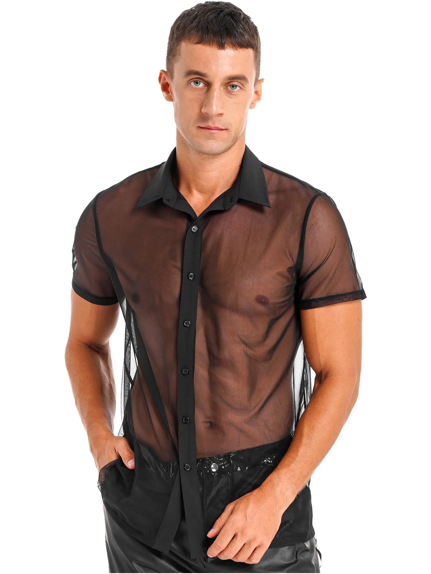 See Through Mesh Short Sleeve Turn-Down Collar Button Sheer Shirt