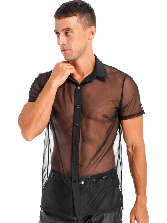 See Through Mesh Short Sleeve Turn-Down Collar Button Sheer Shirt